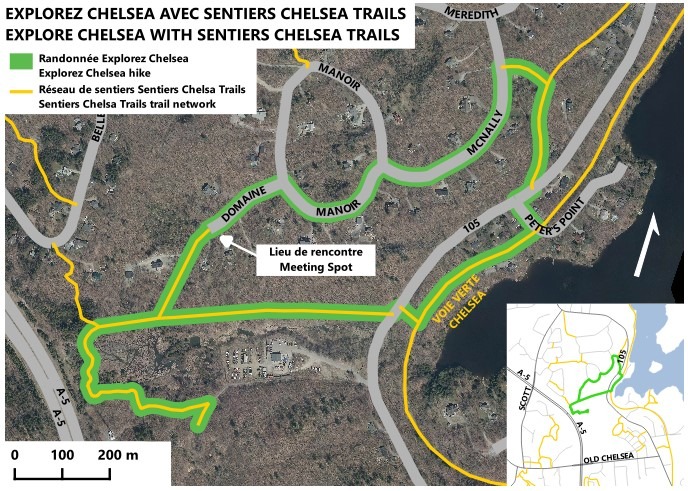 Map - June 13 2026 Post Map of chelsea trail with hike portion of trail highlighted in green. Meeting point is near Domain road